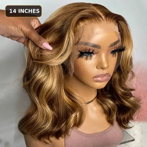 (Matriarch) Honey Blonde Body Wave Bob Human Hair HD Lace Front Wig 13x4, 4/27 Highlight Ombre, 8-18 Inch, Glueless Pre-Plucked