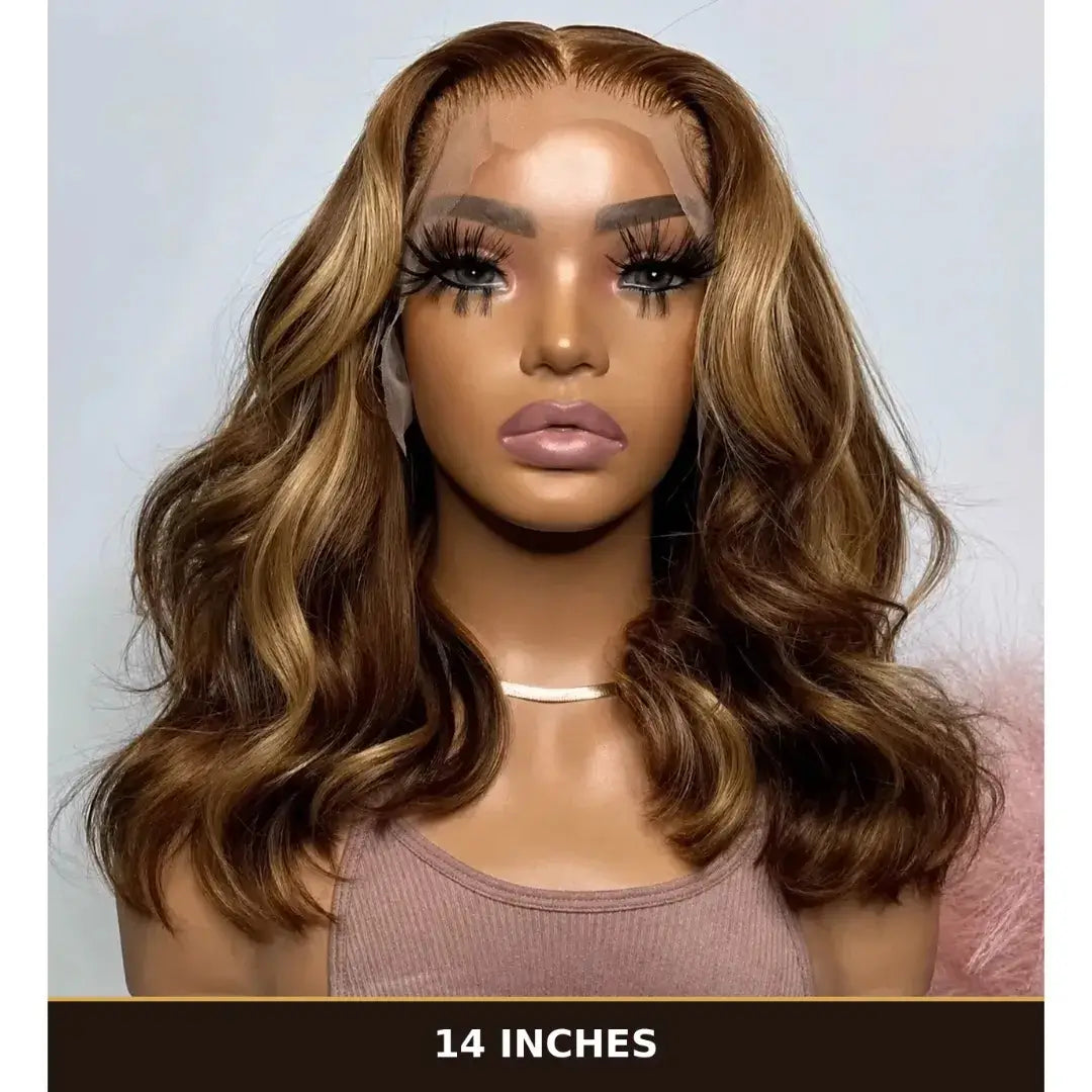 Honey blonde body wave bob wig with ombre highlights, lace front, human hair, pre-plucked, 13x4 inch wig, glueless style from HSF Marketplace.