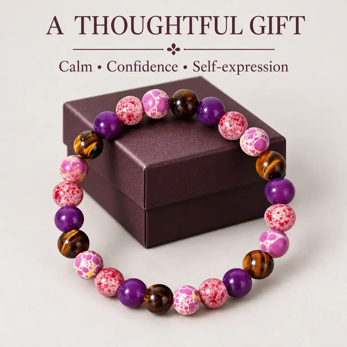 Menopause intention bracelet with tiger’s eye, purple agate, and pink jasper beads