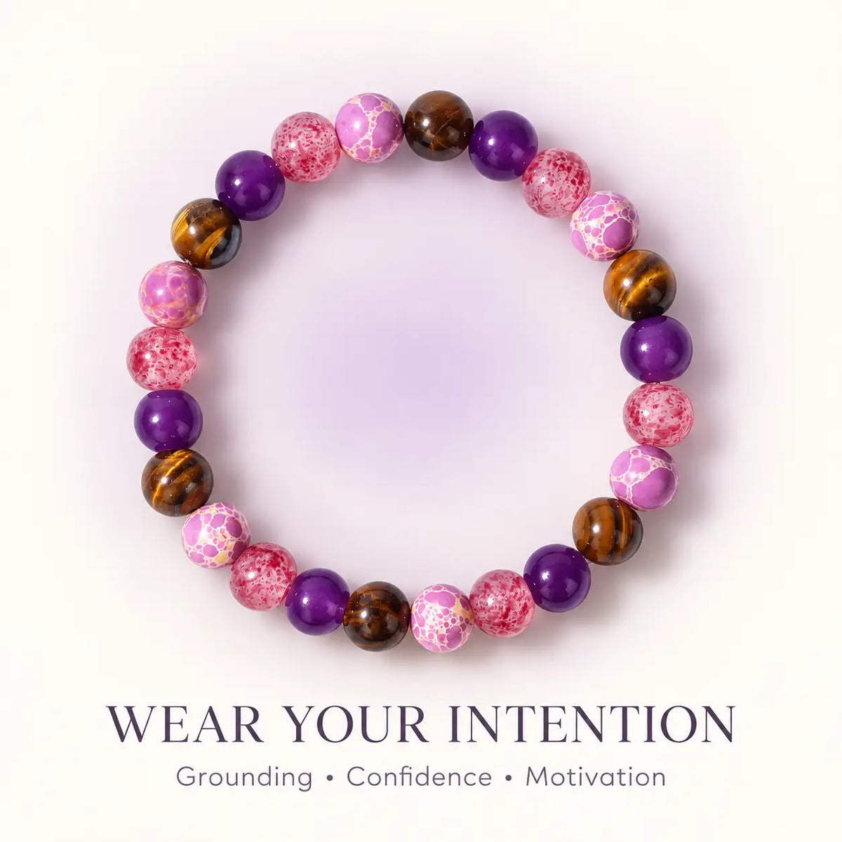 Menopause intention bracelet with tiger’s eye, purple agate, and pink jasper beads by HSF Marketplace