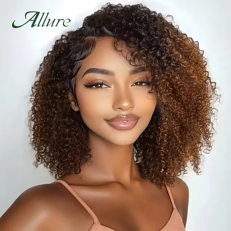 (Minerva) Brazilian Jerry Curly Human Hair Wig Short Afro Kinky Glueless Wear and Go Style