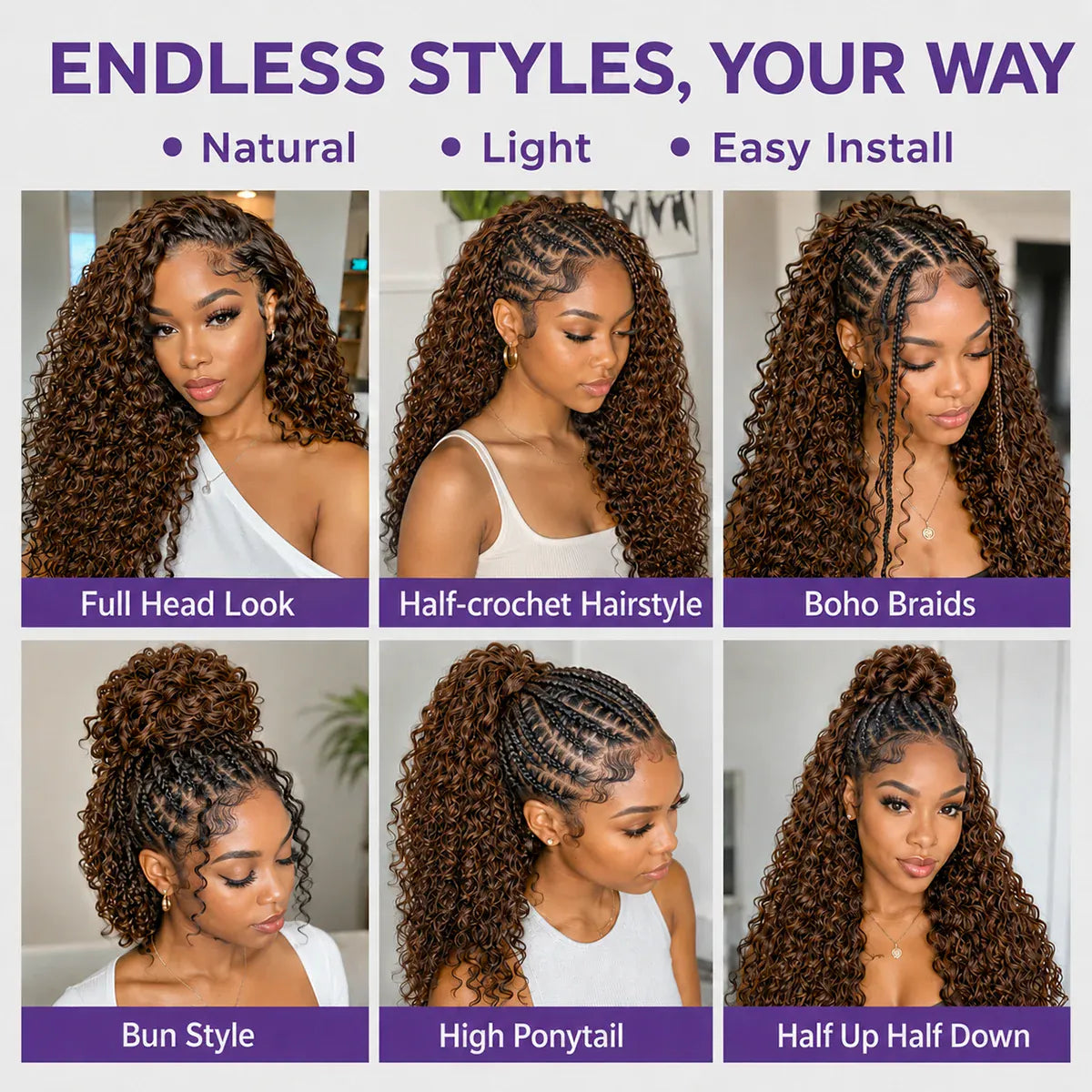 Miracle Knots Chocolate Brown Deep Wave Crochet Human Hair Extensions Lightweight Pre Separated Feather Crochet Braiding Hair Knotless Boho Style