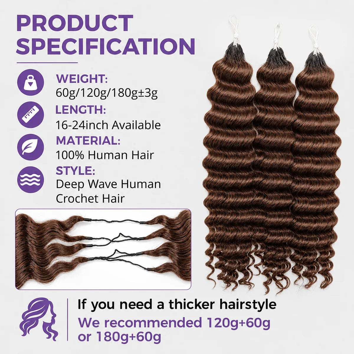 Miracle Knots Chocolate Brown Deep Wave Crochet Human Hair Extensions Lightweight Pre Separated Feather Crochet Braiding Hair Knotless Boho Style