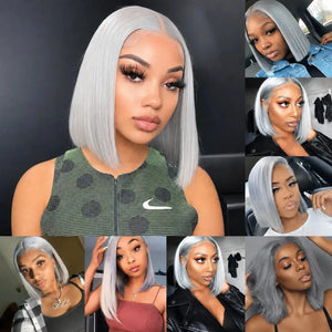 (Mission) Silver Grey Bob Human Hair HD Lace Front Wig 13x6, Brazilian Hair, Pre-Plucked, Transparent Lace