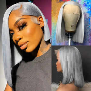 (Mission) Silver Grey Bob Human Hair HD Lace Front Wig 13x6, Brazilian Hair, Pre-Plucked, Transparent Lace