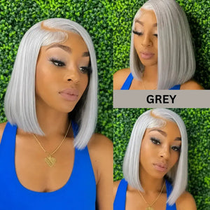 (Mission) Silver Grey Bob Human Hair HD Lace Front Wig 13x6, Brazilian Hair, Pre-Plucked, Transparent Lace