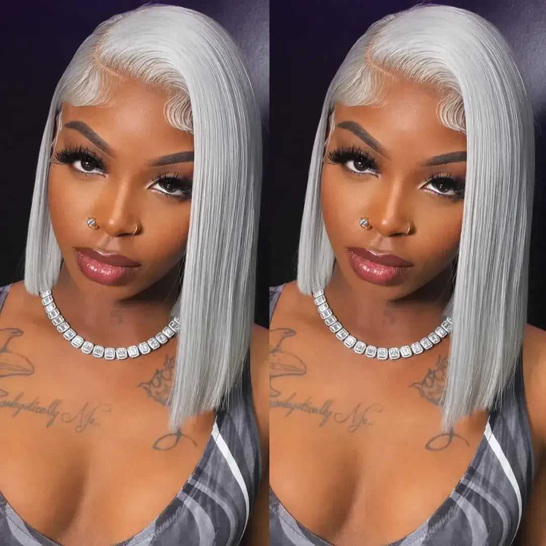 (Mission) Silver Grey Bob Human Hair HD Lace Front Wig 13x6, Brazilian Hair, Pre-Plucked, Transparent Lace