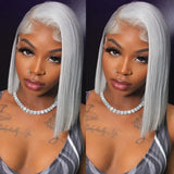 (Mission) Silver Grey Bob Human Hair HD Lace Front Wig 13x6, Brazilian Hair, Pre-Plucked, Transparent Lace