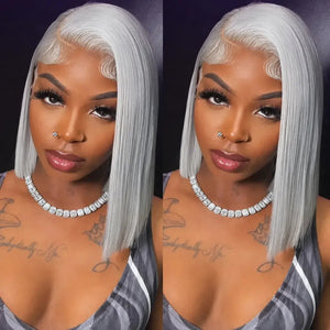 (Mission) Silver Grey Bob Human Hair HD Lace Front Wig 13x6, Brazilian Hair, Pre-Plucked, Transparent Lace