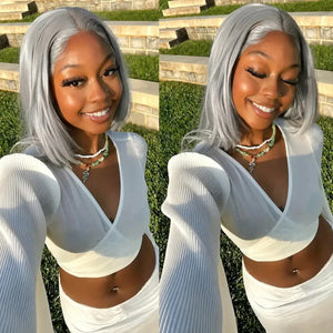 (Mission) Silver Grey Bob Human Hair HD Lace Front Wig 13x6, Brazilian Hair, Pre-Plucked, Transparent Lace