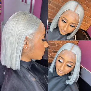 (Mission) Silver Grey Bob Human Hair HD Lace Front Wig 13x6, Brazilian Hair, Pre-Plucked, Transparent Lace