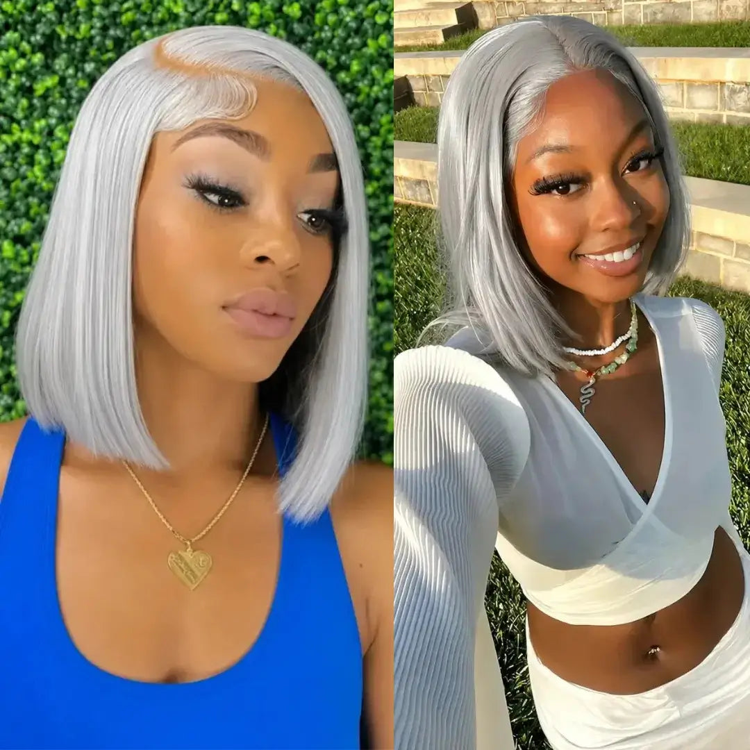 (Mission) Silver Grey Bob Human Hair HD Lace Front Wig 13x6, Brazilian Hair, Pre-Plucked, Transparent Lace