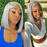 (Mission) Silver Grey Bob Human Hair HD Lace Front Wig 13x6, Brazilian Hair, Pre-Plucked, Transparent Lace