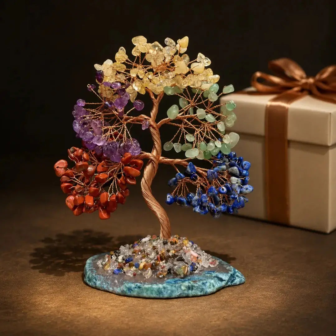 Mixed gemstone crystal bonsai tree, natural stone Feng Shui decor for positive energy home decor