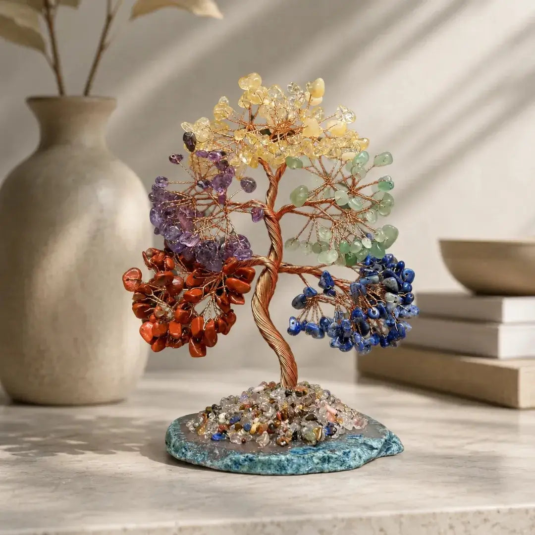 Mixed gemstone crystal bonsai tree with natural stones for positive energy home decor