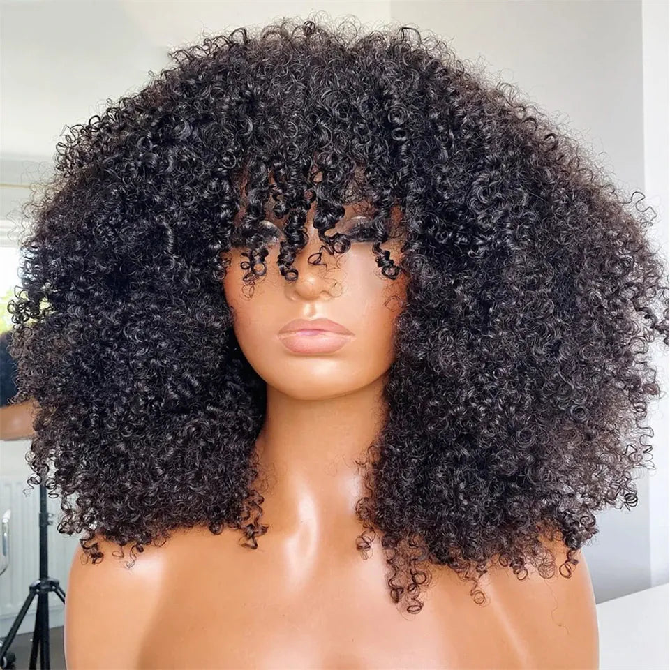 Mongolian Afro Kinky Curly Human Hair Wig with Bangs Wear to go Glueless Wig Remy Brazilian
