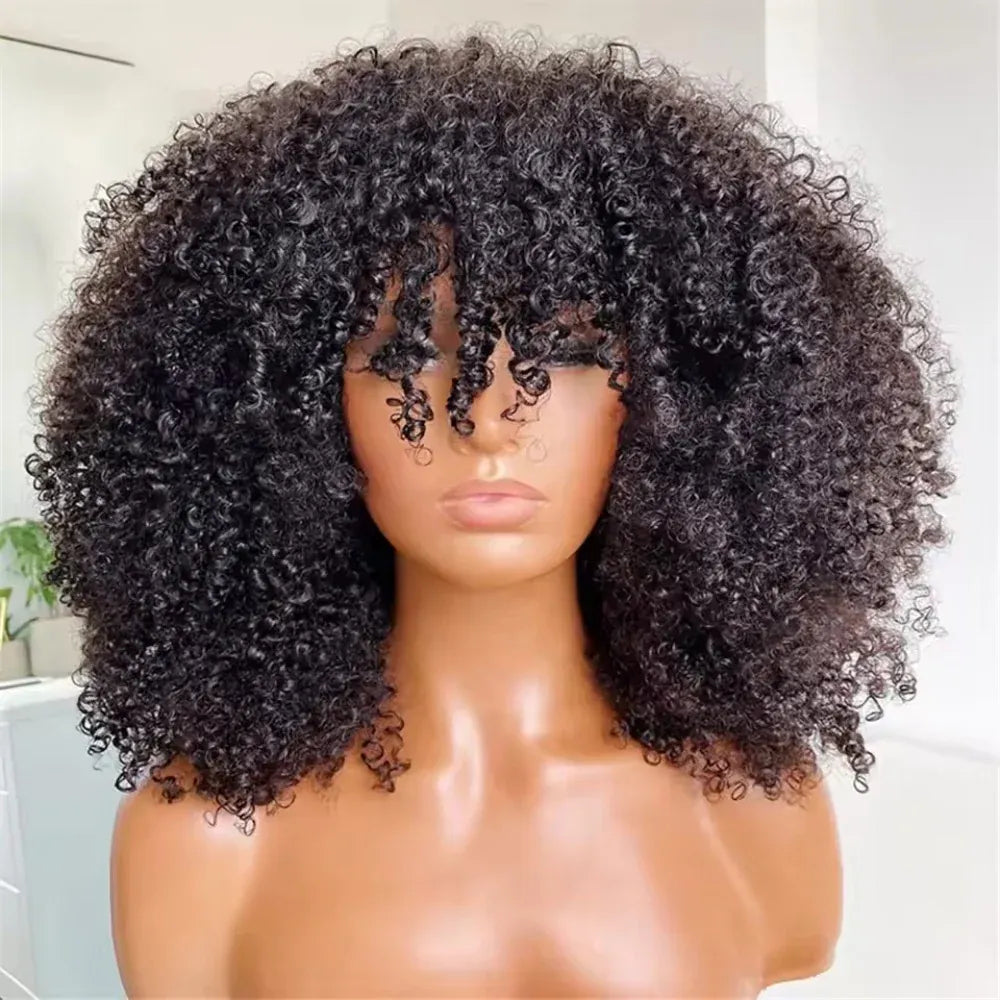 Mongolian Afro Kinky Curly Human Hair Wigs With Bangs Wear To Go Glueless Wig Remy Brazilian Short Curly Bangs Wig Human Hair
