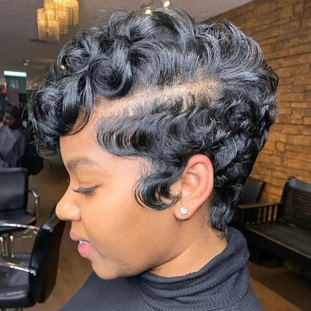 (Morrigan) Short Curly Pixie Human Hair Wig, 13x4x1 T-Part Lace Front, Layered Glueless Style