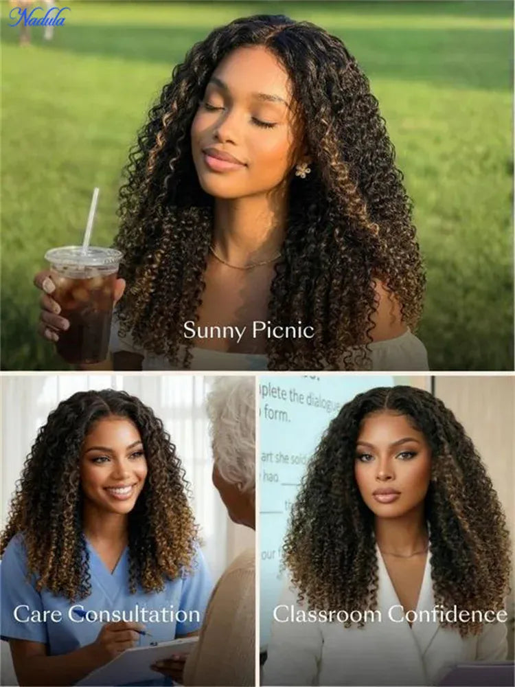 Nadula Bye-Bye Slip Burmese Curly Glueless Wig 100% Human Hair Chestnut Brown Color with Finger Coils Suitable for All Head Size