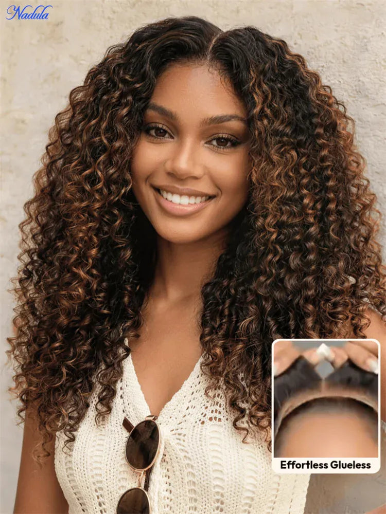 Nadula Bye-Bye Slip Burmese Curly Glueless Wig 100% Human Hair Chestnut Brown Color with Finger Coils Suitable for All Head Size