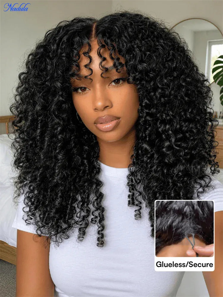 Nadula Bye-Bye Slip Burmese Curly Glueless Wig 100% Human Hair Chestnut Brown Color with Finger Coils Suitable for All Head Size
