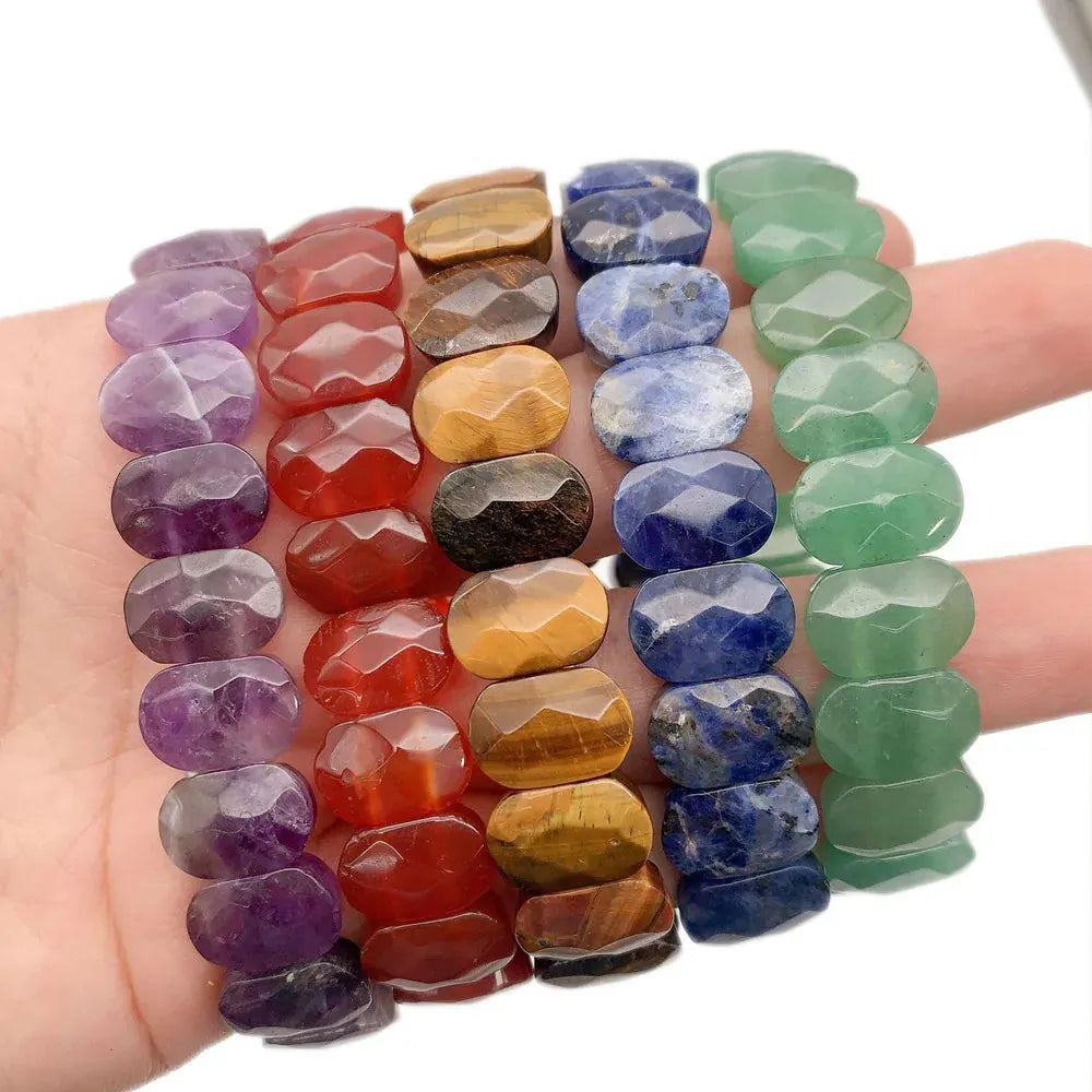 Natural 10x14mm Oval Shape Faceted Beads Elastic Cord Stone Crystal Opal Obsidian Amethyst Bracelets Bangles Femme for Women