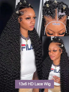 Natural Black Water Deep Wave Human Hair Wig, 13x4 or 13x6 HD Transparent Lace Front, 200% Density, Pre-Plucked & Glueless