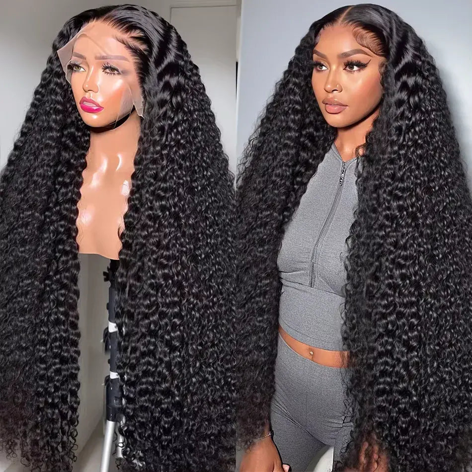 Natural Black Water Deep Wave Human Hair Wig, 13x4 or 13x6 HD Transparent Lace Front, 200% Density, Pre-Plucked & Glueless