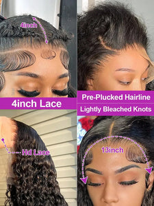 Natural Black Water Deep Wave Human Hair Wig, 13x4 or 13x6 HD Transparent Lace Front, 200% Density, Pre-Plucked & Glueless