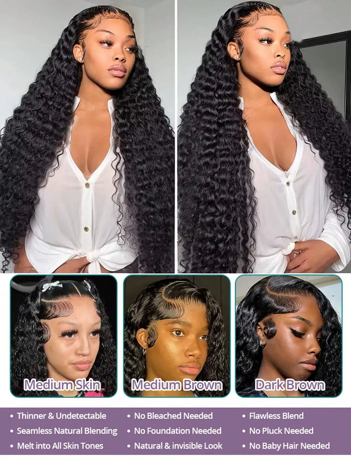 Natural Black Water Deep Wave Human Hair Wig, 13x4 or 13x6 HD Transparent Lace Front, 200% Density, Pre-Plucked & Glueless