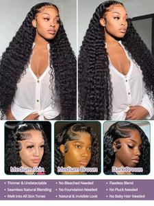Natural Black Water Deep Wave Human Hair Wig, 13x4 or 13x6 HD Transparent Lace Front, 200% Density, Pre-Plucked & Glueless