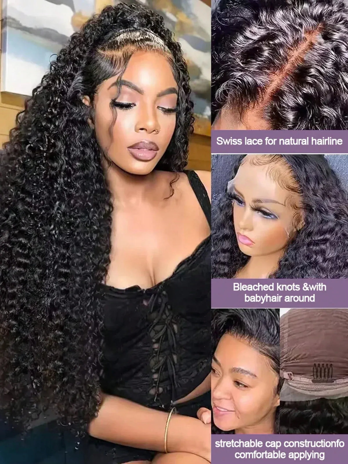 Natural Black Water Deep Wave Human Hair Wig, 13x4 or 13x6 HD Transparent Lace Front, 200% Density, Pre-Plucked & Glueless