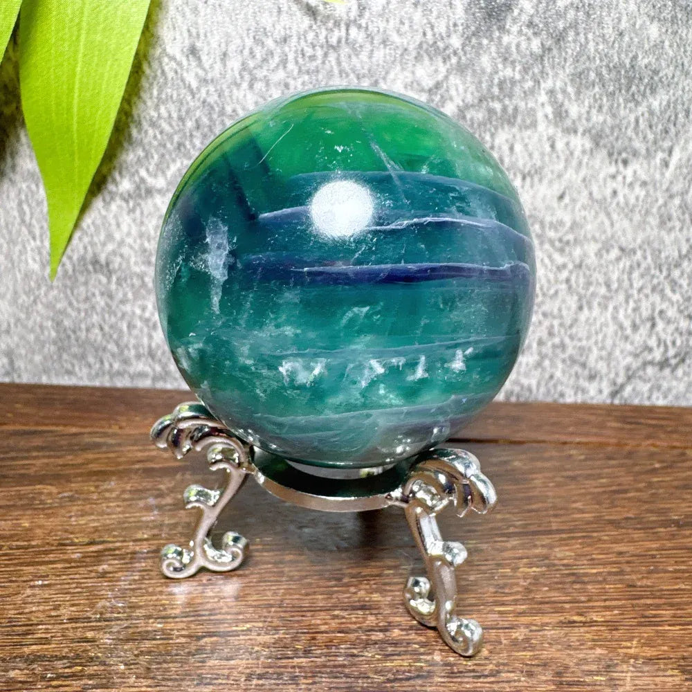 Natural Blue Snowflake Feather Fluorite Spheres Stone Healing Crystal Reiki Energy Home Scene Decorations Gifts+Stand