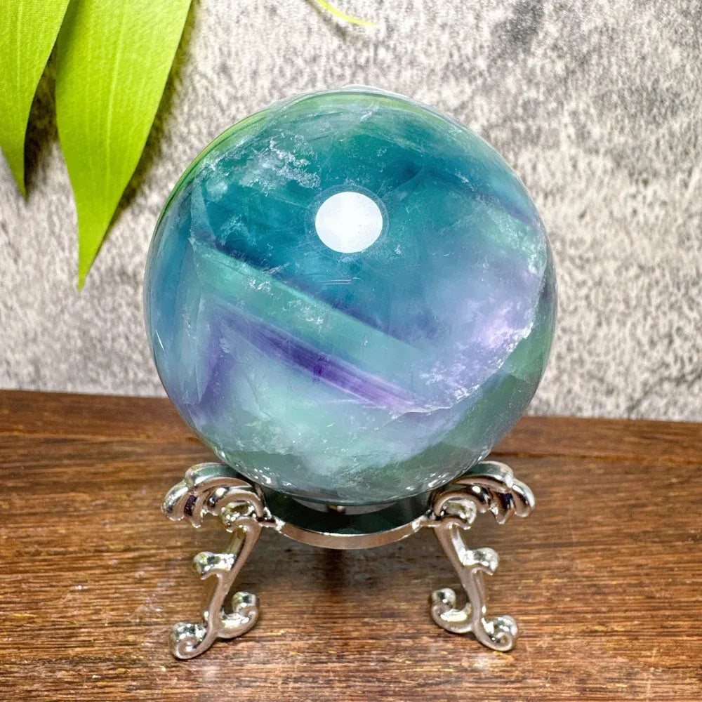 Natural Blue Snowflake Feather Fluorite Spheres Stone Healing Crystal Reiki Energy Home Scene Decorations Gifts+Stand