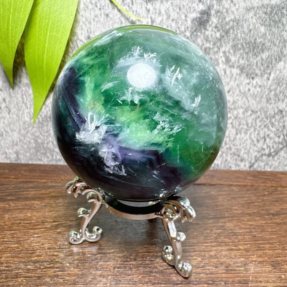 Natural Blue Snowflake Feather Fluorite Spheres Stone Healing Crystal Reiki Energy Home Scene Decorations Gifts+Stand