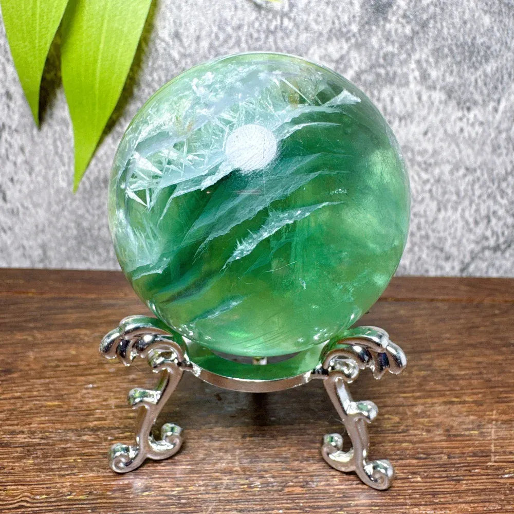 Natural Blue Snowflake Feather Fluorite Spheres Stone Healing Crystal Reiki Energy Home Scene Decorations Gifts+Stand