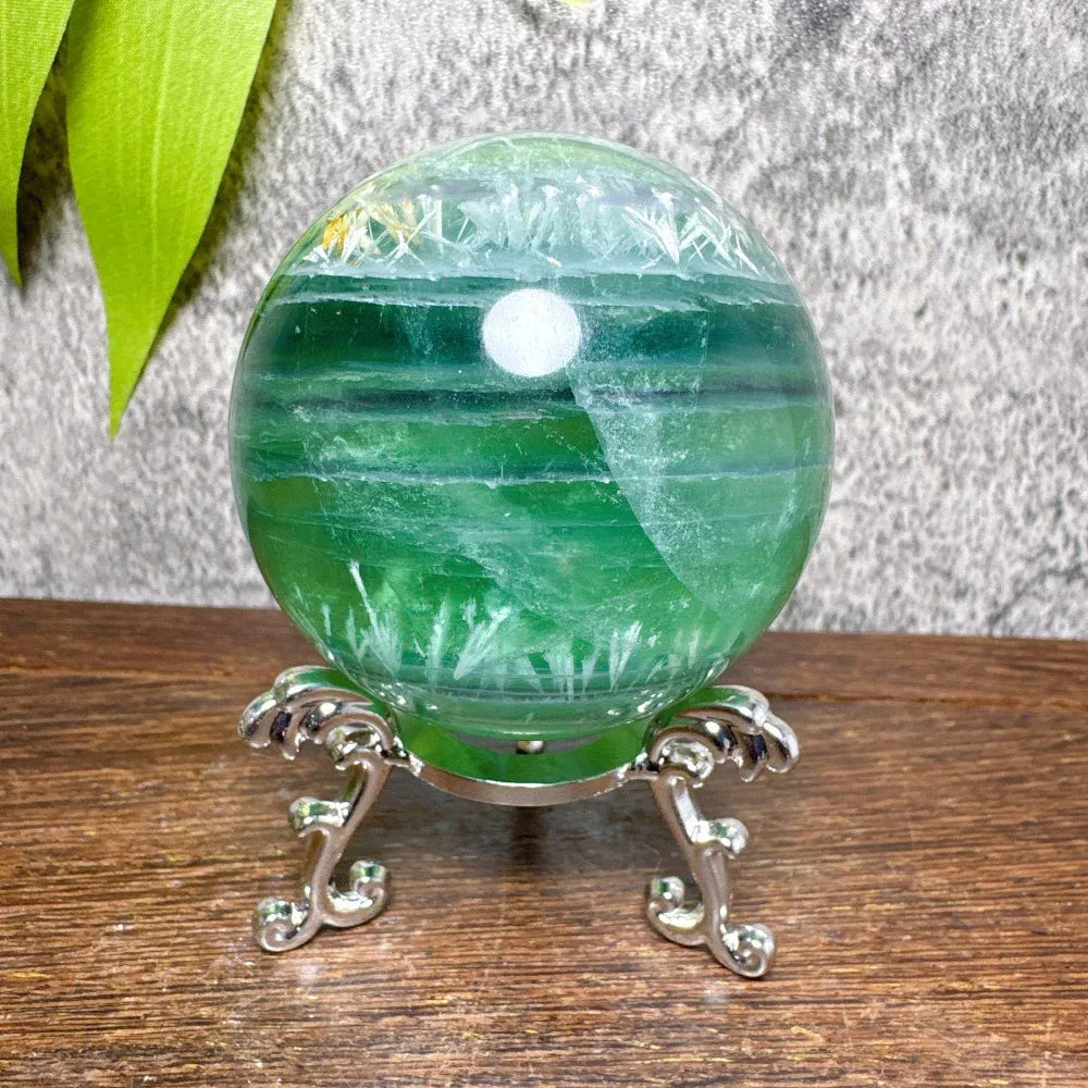 Natural Blue Snowflake Feather Fluorite Spheres Stone Healing Crystal Reiki Energy Home Scene Decorations Gifts+Stand