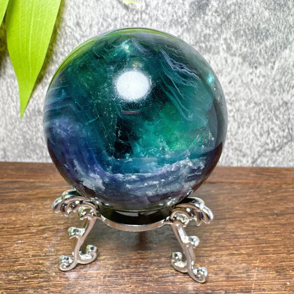 Natural Blue Snowflake Feather Fluorite Spheres Stone Healing Crystal Reiki Energy Home Scene Decorations Gifts+Stand