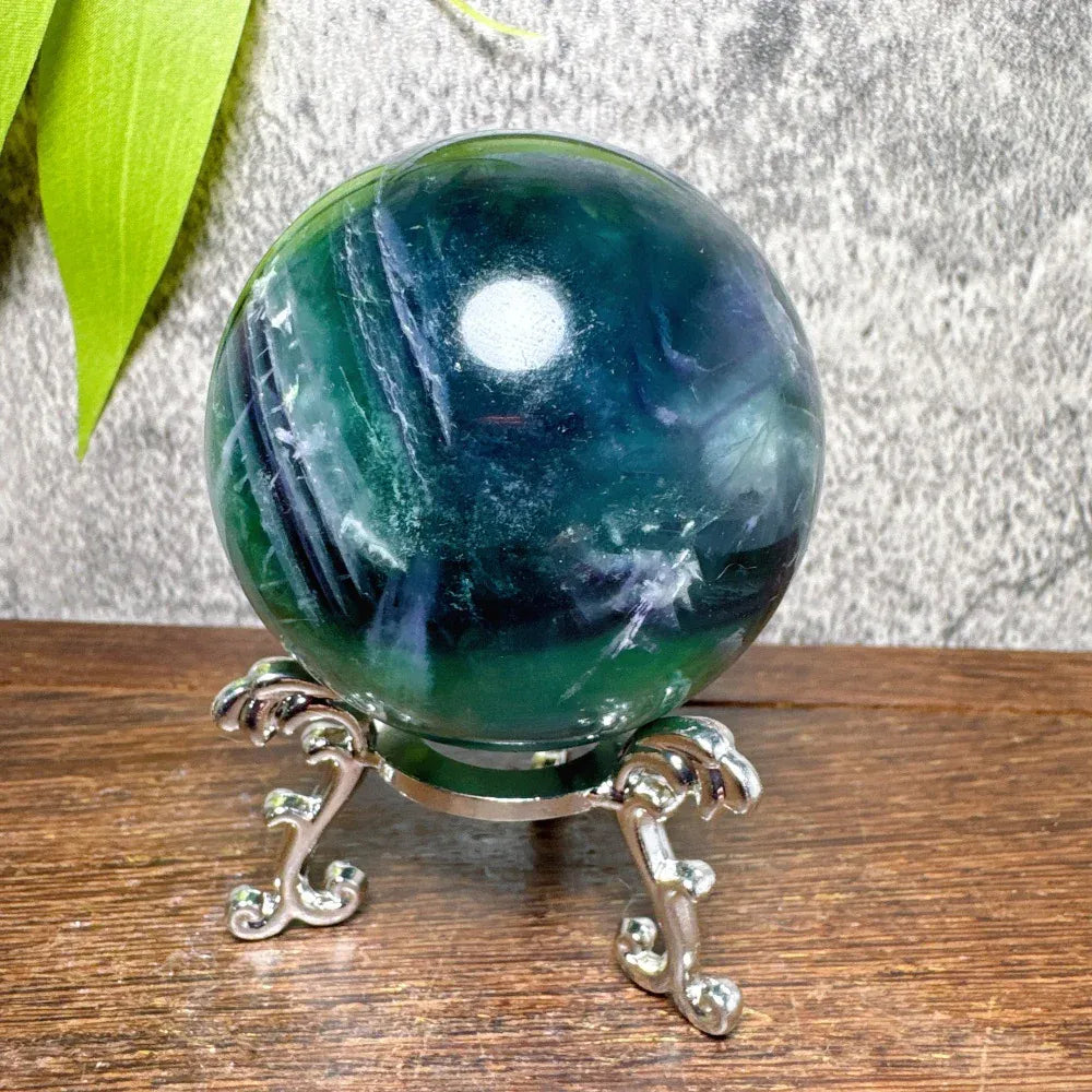 Natural Blue Snowflake Feather Fluorite Spheres Stone Healing Crystal Reiki Energy Home Scene Decorations Gifts+Stand