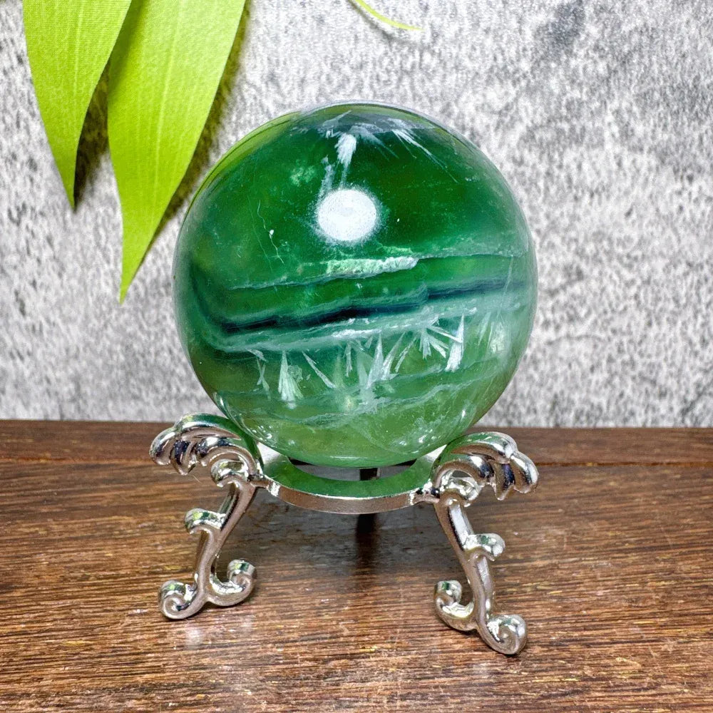 Natural Blue Snowflake Feather Fluorite Spheres Stone Healing Crystal Reiki Energy Home Scene Decorations Gifts+Stand