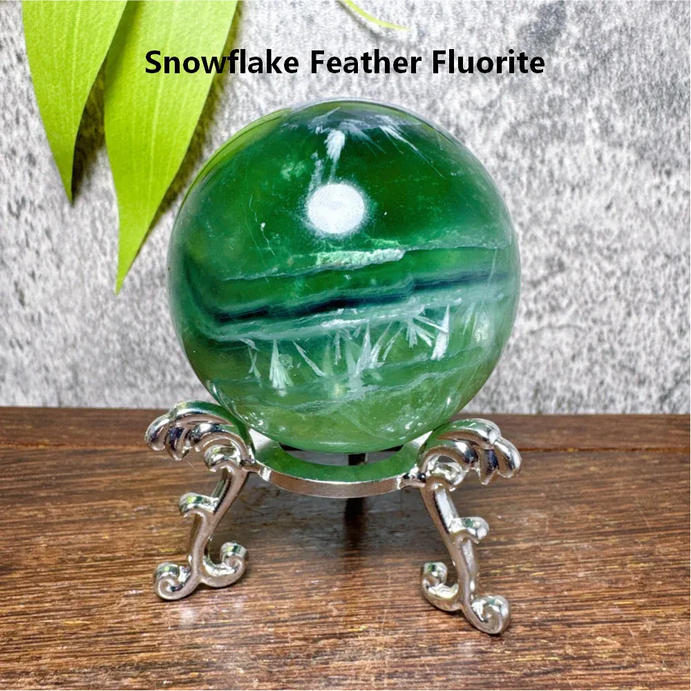 Natural Blue Snowflake Feather Fluorite Spheres Stone Healing Crystal Reiki Energy Home Scene Decorations Gifts+Stand