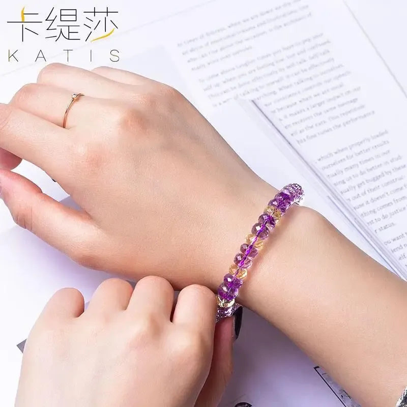 Natural Citrine Amethyst Bracelet Boutique Emethyst Stone Cut Face Hand String Wheel Disc Beaded Accompanying Jewelry Ins Gifts