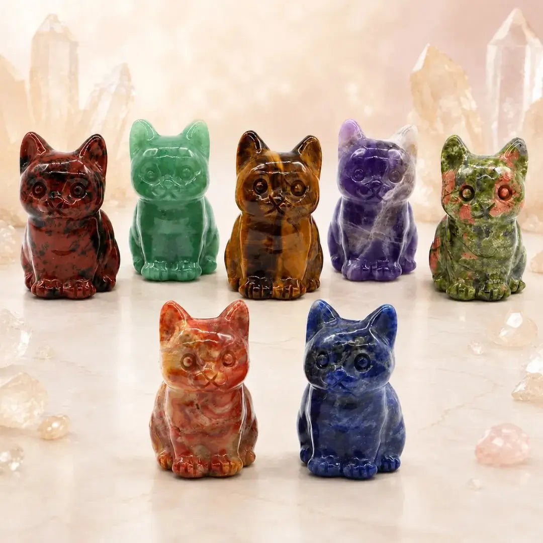 Natural Crystal Cat Figurine, 1.8 Inch Hand-Carved Crystal Stone Statue for Home Decor