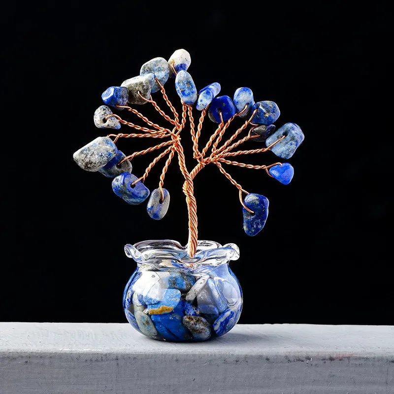 Natural Crystal Raw Stone Fortune Gravel Crystal Tree, Hand-Woven mini Lucky Crystal Tree Ornament for Home and Car