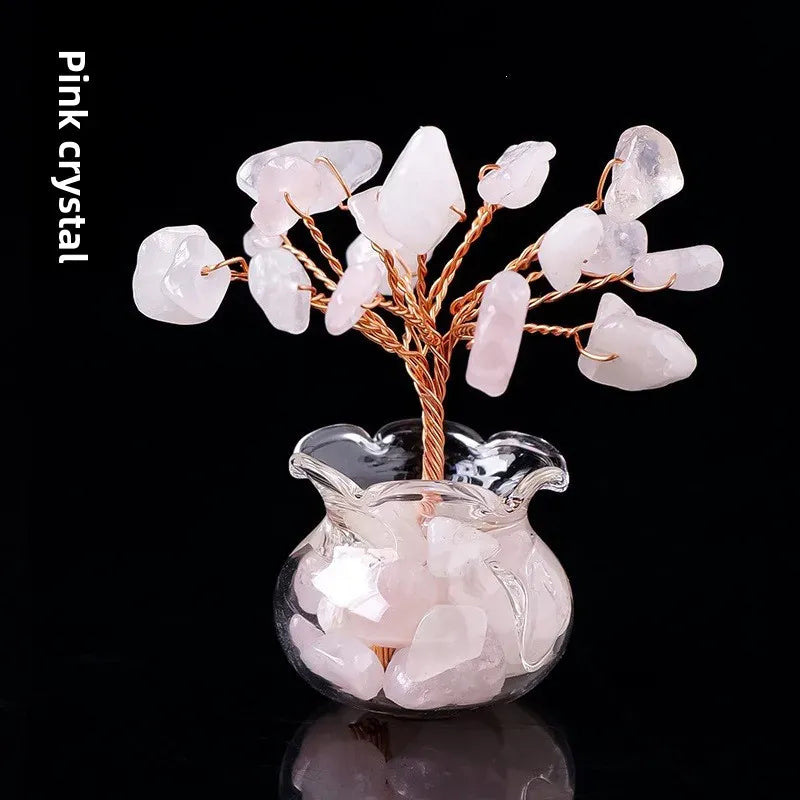Natural Crystal Raw Stone Fortune Gravel Crystal Tree, Hand-Woven mini Lucky Crystal Tree Ornament for Home and Car