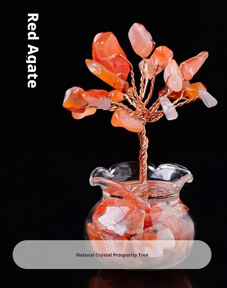Natural Crystal Raw Stone Fortune Gravel Crystal Tree, Hand-Woven mini Lucky Crystal Tree Ornament for Home and Car