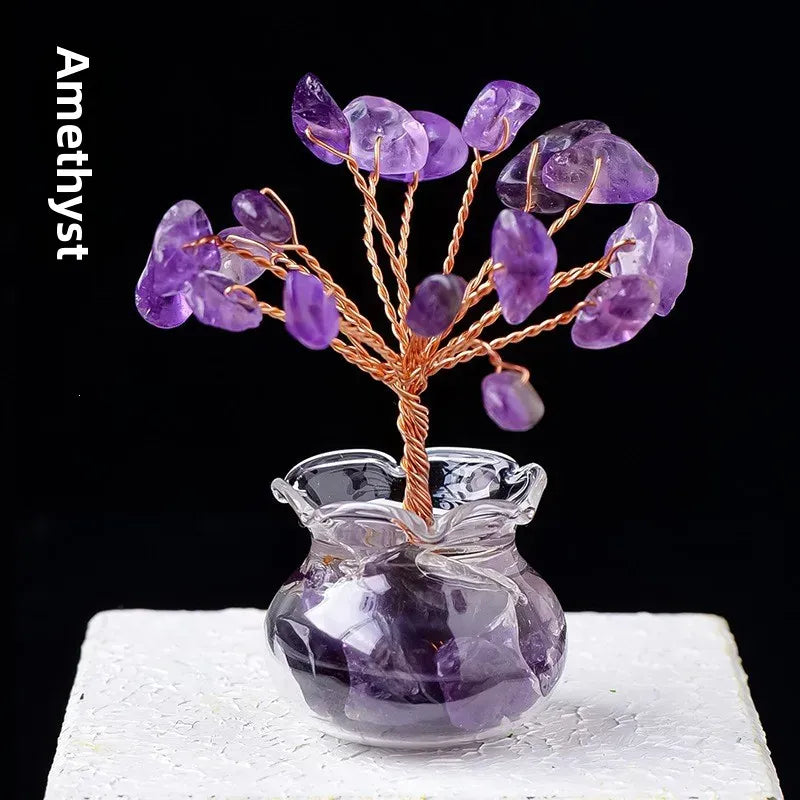 Natural Crystal Raw Stone Fortune Gravel Crystal Tree, Hand-Woven mini Lucky Crystal Tree Ornament for Home and Car