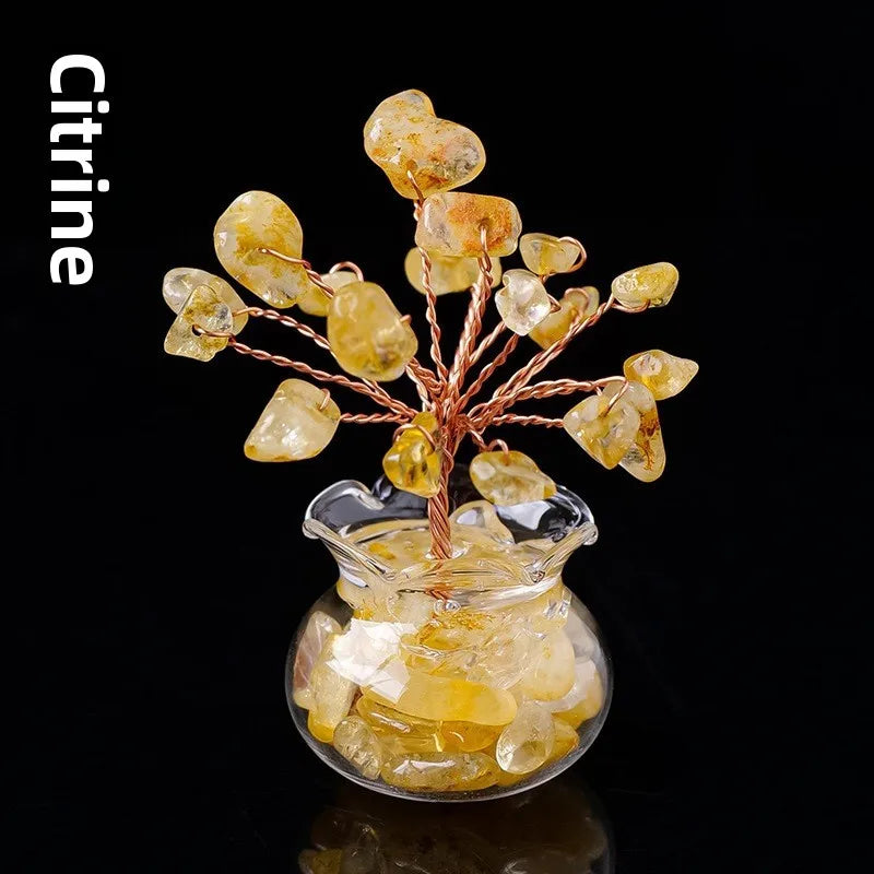 Natural Crystal Raw Stone Fortune Gravel Crystal Tree, Hand-Woven mini Lucky Crystal Tree Ornament for Home and Car