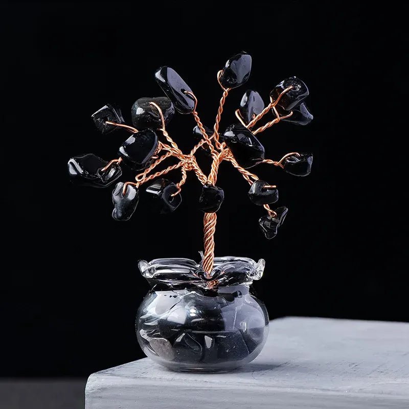 Natural Crystal Raw Stone Fortune Gravel Crystal Tree, Hand-Woven mini Lucky Crystal Tree Ornament for Home and Car