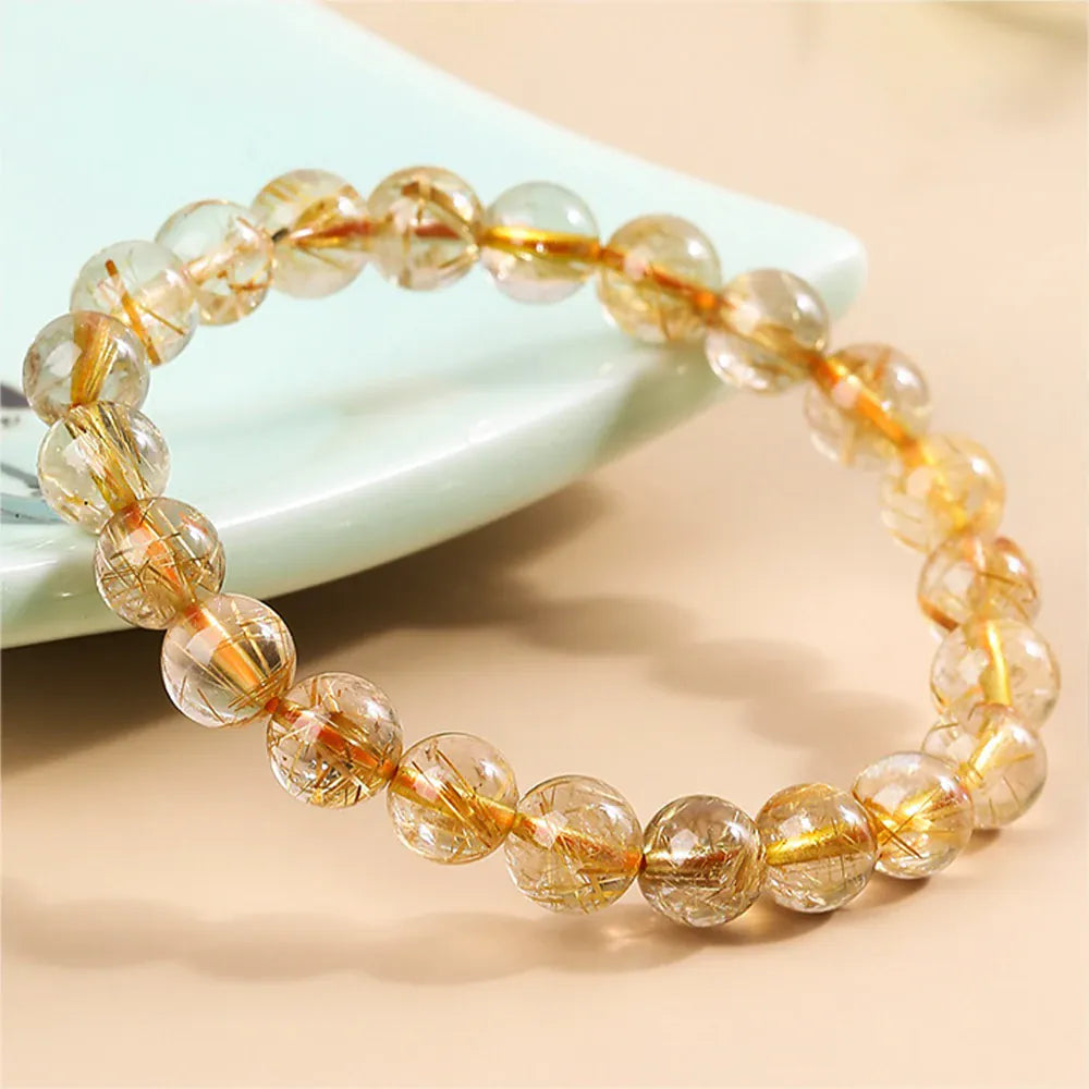 Natural Golden Rutilated Quartz Crystal Bracelet Strand Beads Bracelets The Stone of Wealth Jewelry Beads Bangles Decoration